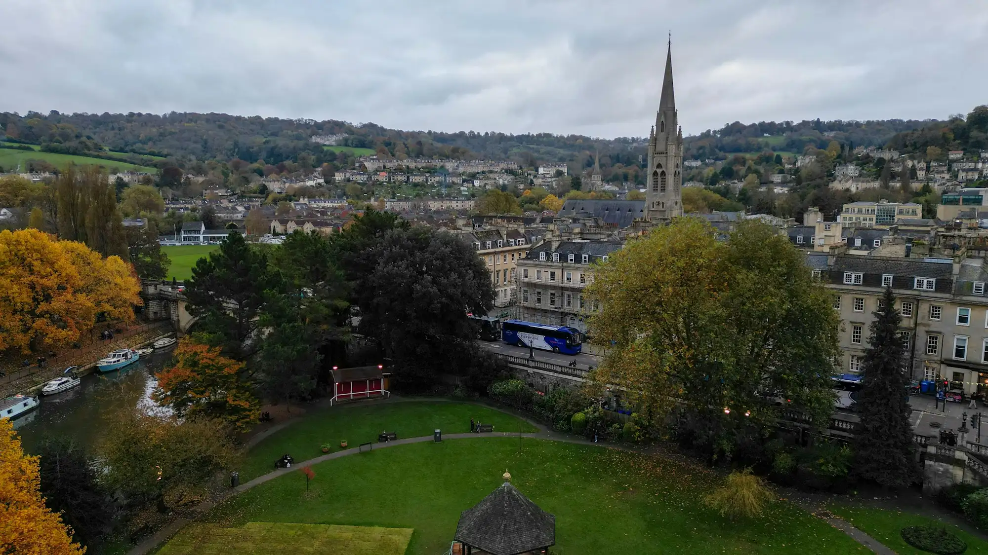 An aerial view of a town centre with a clock tower